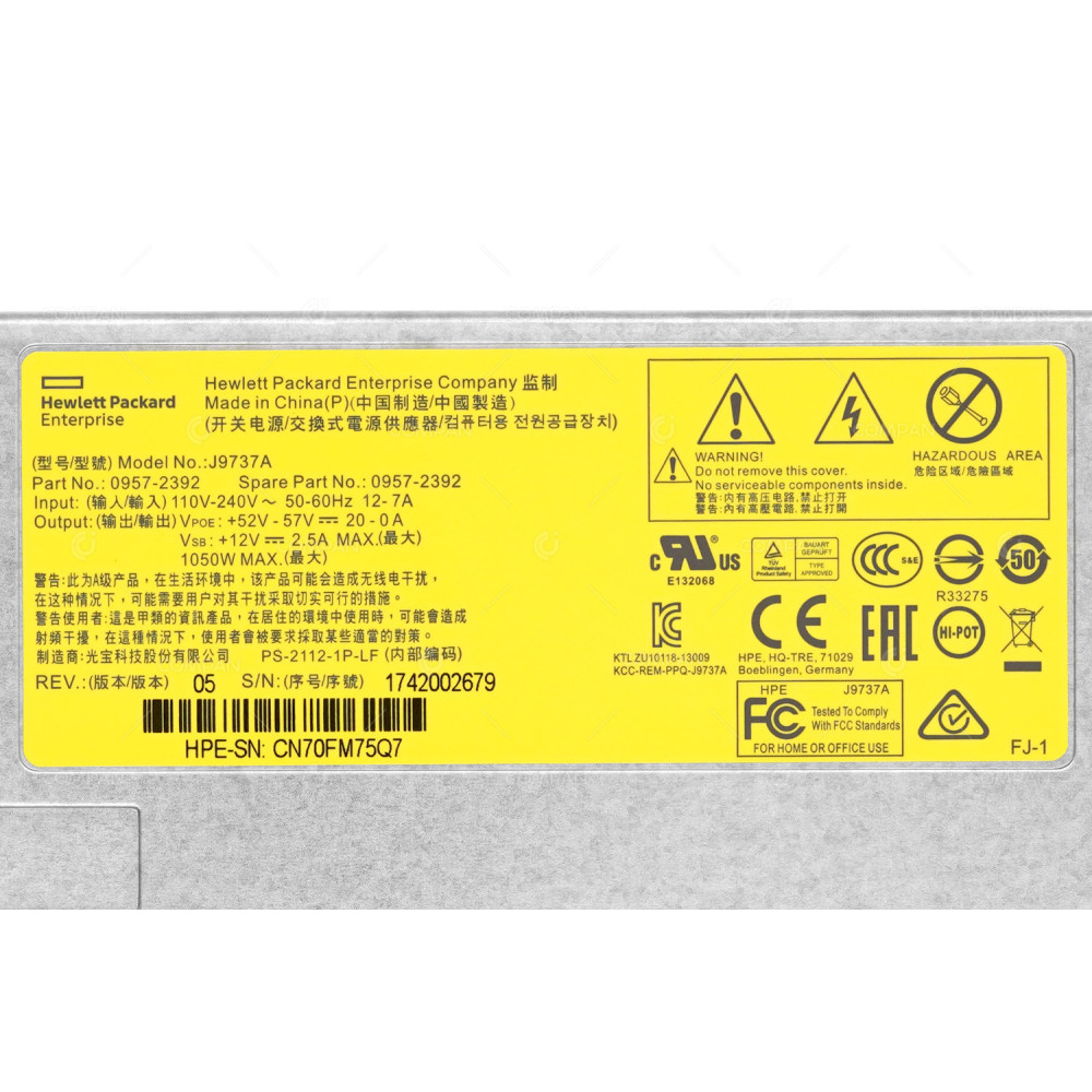 J9737A  HP 1050W POWER SUPPLY FOR HPE ARUBA SWITCH